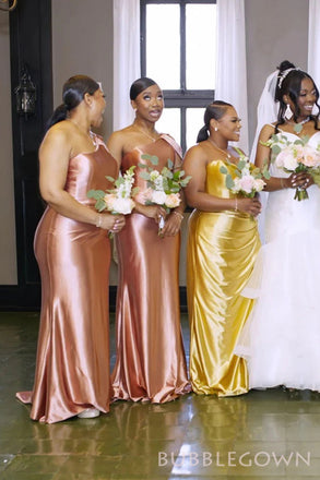 Mermaid Mismatched Rose Gold Satin One Shoulder Long Bridesmaid Dresses , BGB0003