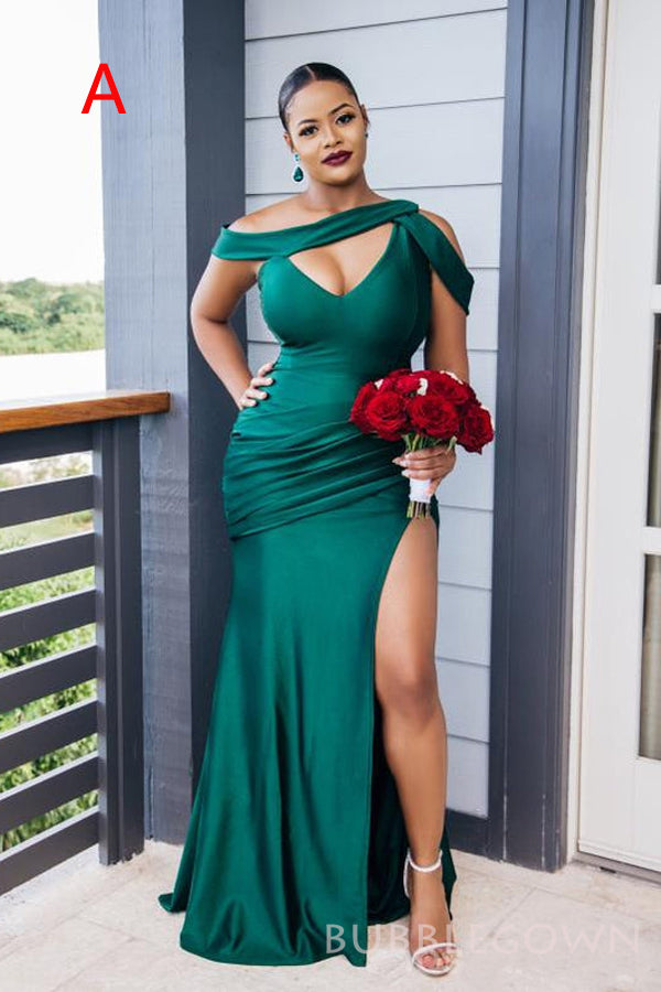 Mismatched Mermaid Emerald Green Satin Side Slit Long Bridesmaid Dresses , BGB0006