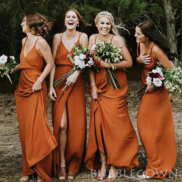 Burnt Orange Spaghetti Straps Side Slit Cheap Long Bridesmaid Dresses , BGB0011