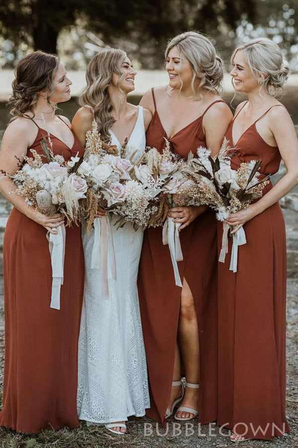 Simple Rust Spaghetti Straps V-neck Cheap Long Bridesmaid Dresses , BGB0013