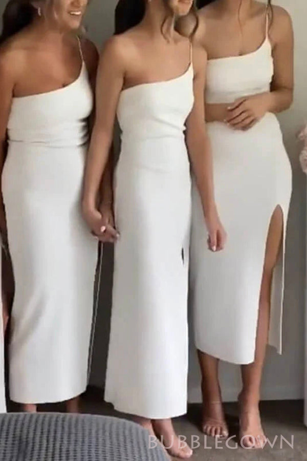 Simple One Shoulder White Mermaid Cheap Long Bridesmaid Dresses , BGB0017