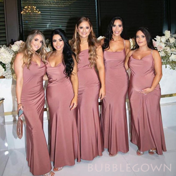 Spaghetti Straps Satin Mermaid Cheap Long Bridesmaid Dresses , BGB0016