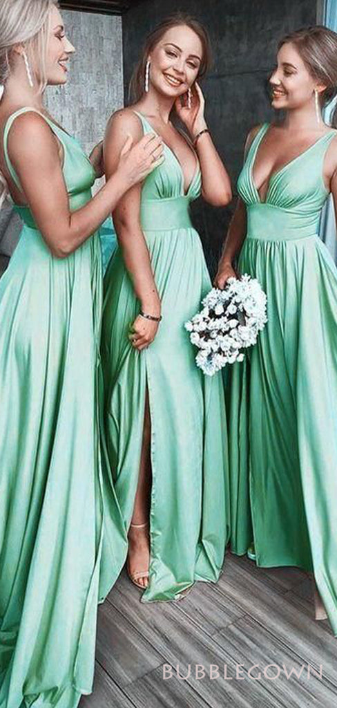 Simple Sage Jersey V-neck Cheap Long Bridesmaid Dresses , BGB0021