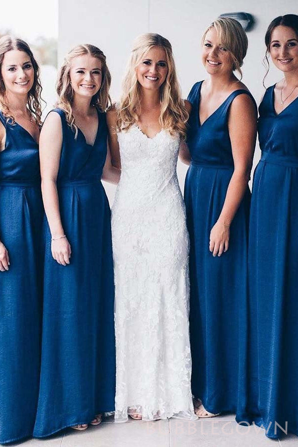 Royal Blue Satin A-line Cheap Long Bridesmaid Dresses , BGB0022