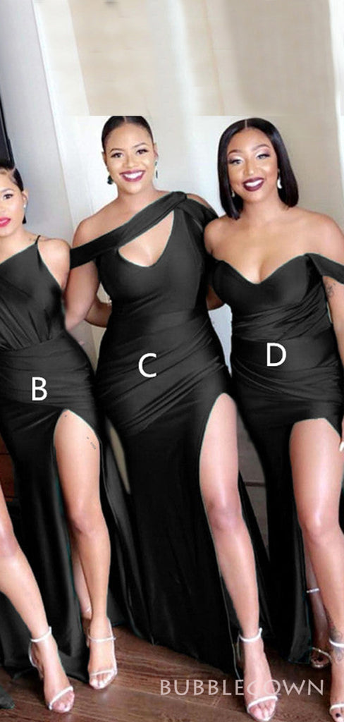 Mismatched Black Satin Side Slit Long Custom Bridesmaid Dresses , BGB0024