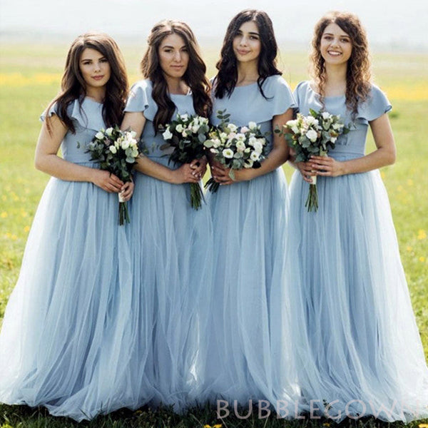 Dusty Blue Tulle A-line Long Custom Bridesmaid Dresses , BGB0027