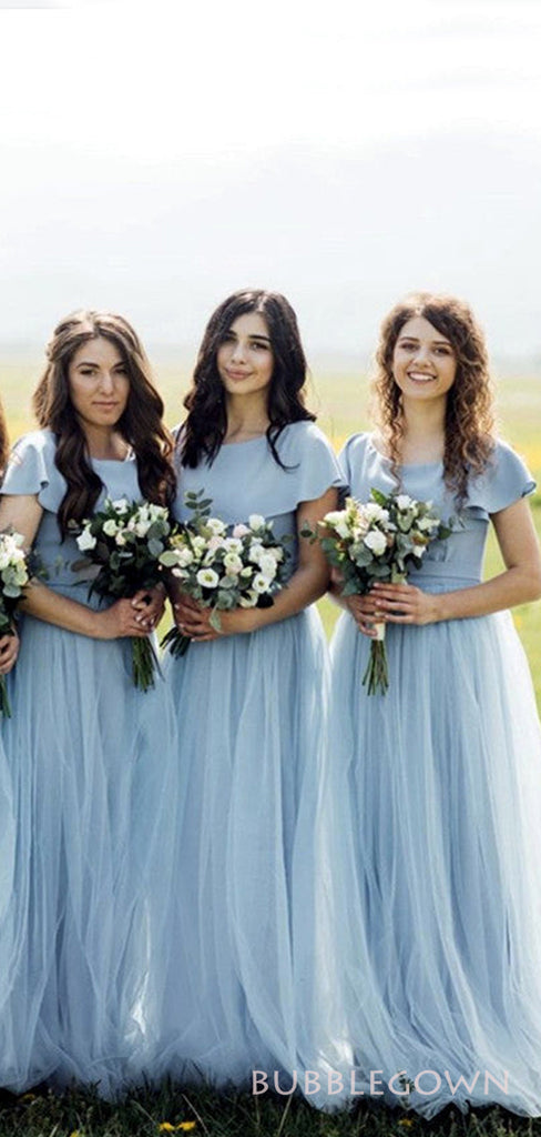 Dusty Blue Tulle A-line Long Custom Bridesmaid Dresses , BGB0027