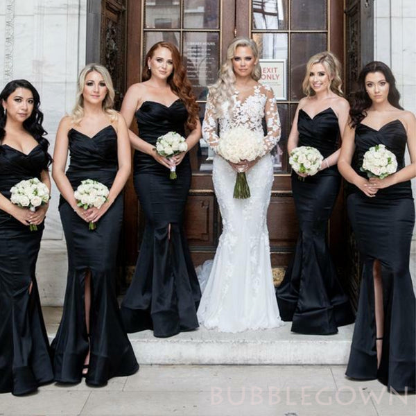 Sweetheart Black Satin Mermaid Strapless Long Custom Bridesmaid Dresses , BGB0029