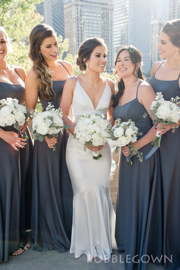 A-line Grey Spaghetti Straps Cheap Long Custom Bridesmaid Dresses , BGB0036