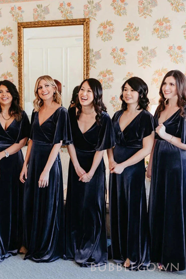 Navy Blue Velvet V-neck Cheap Long Custom Bridesmaid Dresses , BGB0044