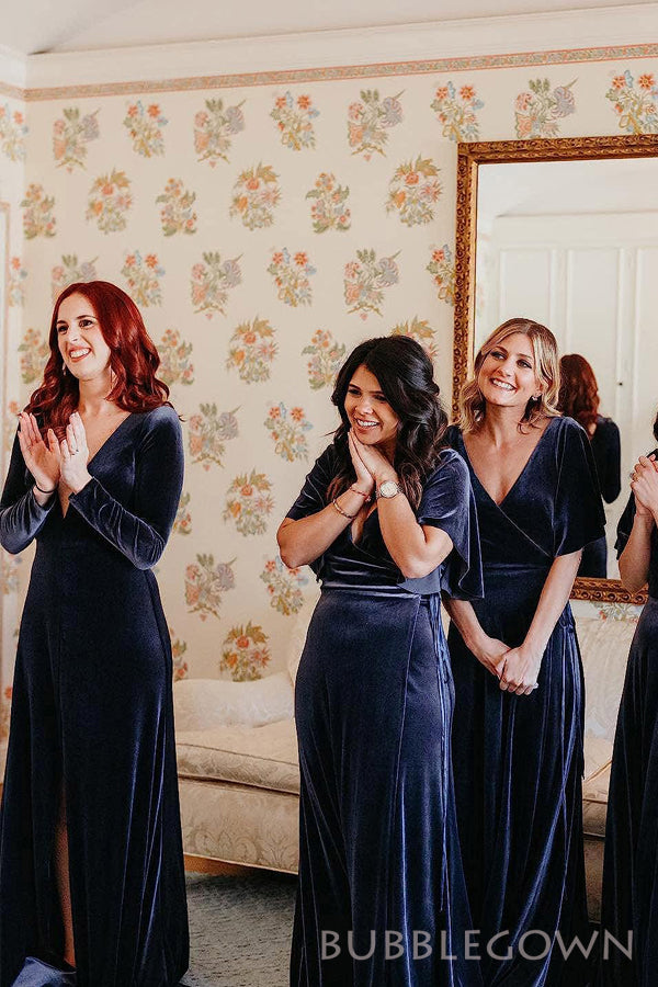 Navy Blue Velvet V-neck Cheap Long Custom Bridesmaid Dresses , BGB0044