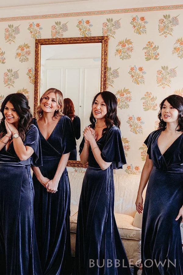 Navy Blue Velvet V-neck Cheap Long Custom Bridesmaid Dresses , BGB0044