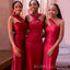 One Shoulder Dark Red Satin Mermaid Cheap Long Custom Bridesmaid Dresses , BGB0045