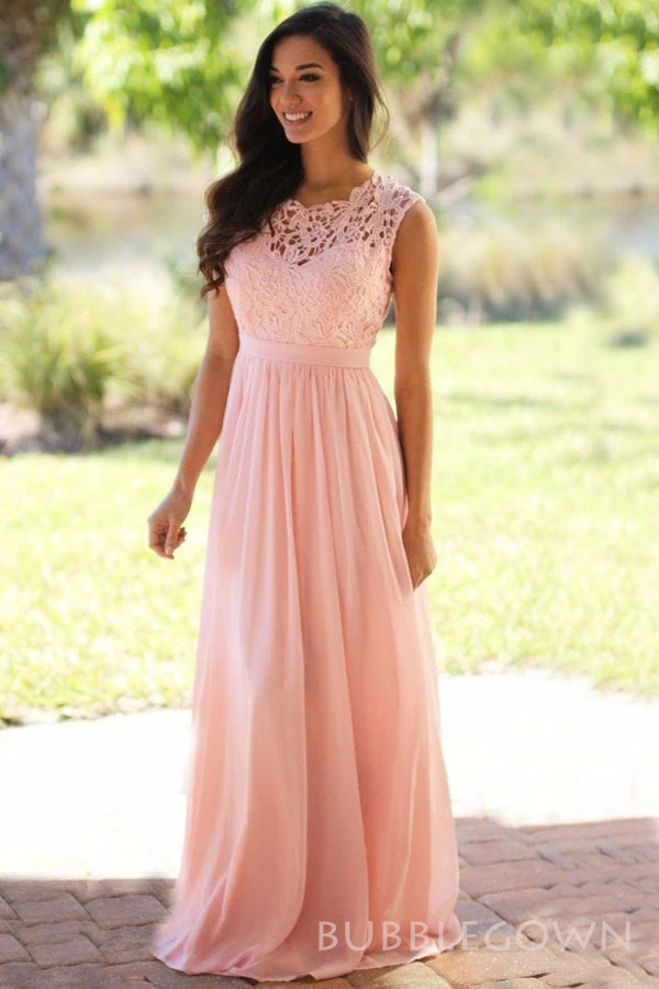 A-line Peach Chiffon Lace Cheap Long Custom Bridesmaid Dresses , BGB0047