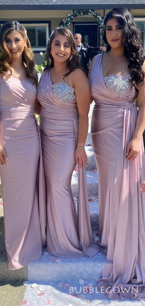 One Shoulder Satin Beaded Mermaid Cheap Long Custom Bridesmaid Dresses , BGB0051