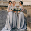 Long Sleeves Silver Grey Satin Appliques A-line Cheap Long Custom Bridesmaid Dresses , BGB0057