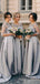 Long Sleeves Silver Grey Satin Appliques A-line Cheap Long Custom Bridesmaid Dresses , BGB0057