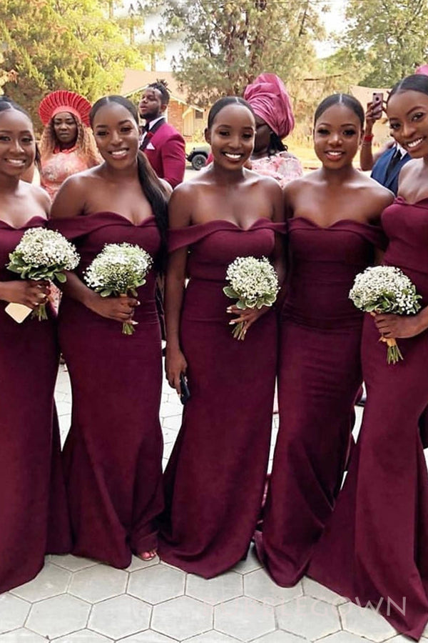 Morden Burgundy Off Shoulder Cheap Long Mermaid Custom Bridesmaid Dresses , BGB0061