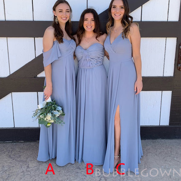 Mismatched Dusty Blue Chiffon A-line Cheap Long Custom Bridesmaid Dresses , BGB0064