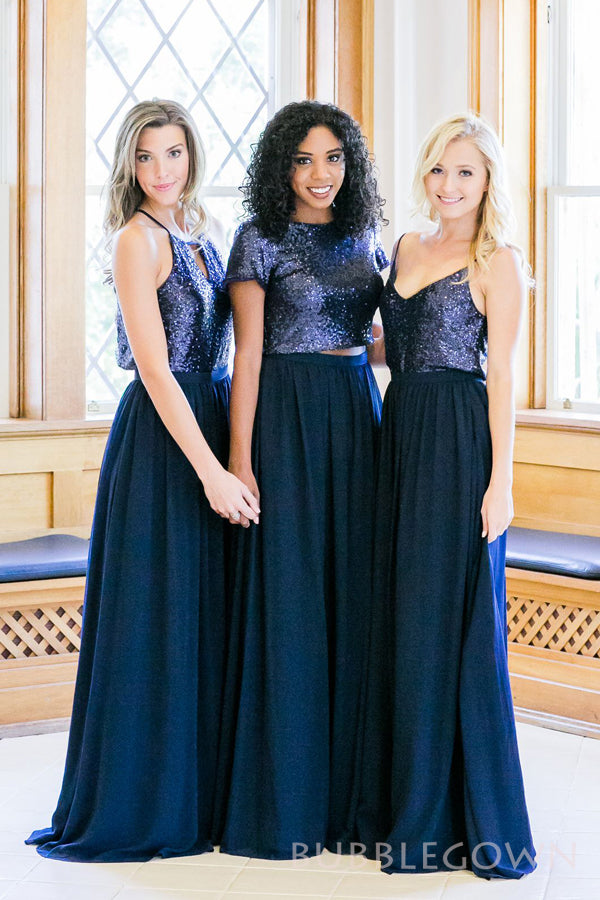 A-line Mismatched Navy Blue Sequins Chiffon Cheap Long Custom Bridesmaid Dresses , BGB0065