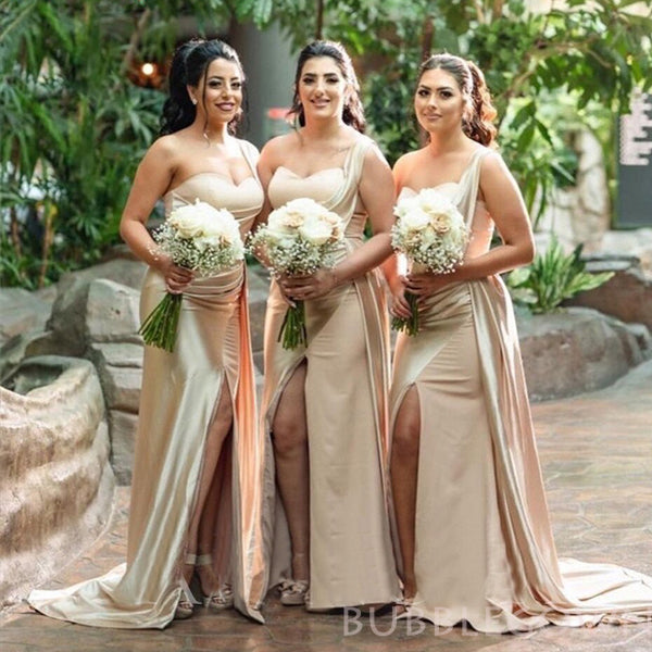 Popular Champagne Satin One Shoulder Mermaid Cheap Long Custom Bridesmaid Dresses , BGB0067