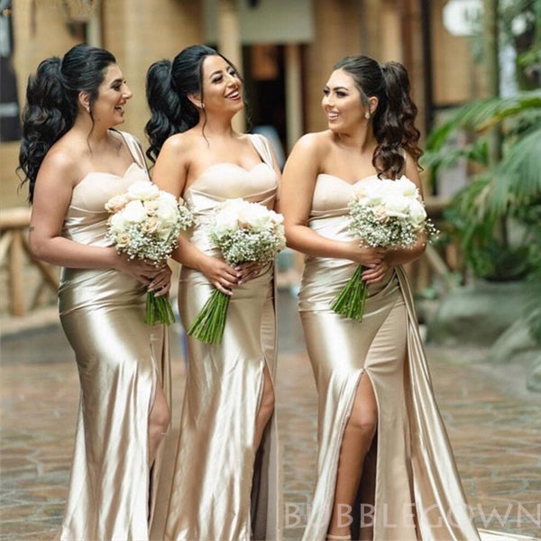 Popular Champagne Satin One Shoulder Mermaid Cheap Long Custom Bridesmaid Dresses , BGB0067