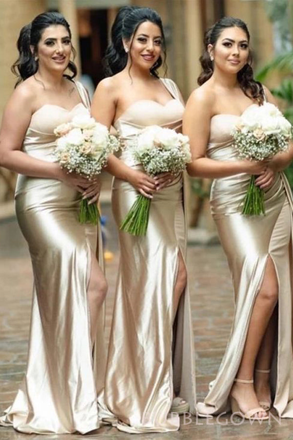 Popular Champagne Satin One Shoulder Mermaid Cheap Long Custom Bridesmaid Dresses , BGB0067