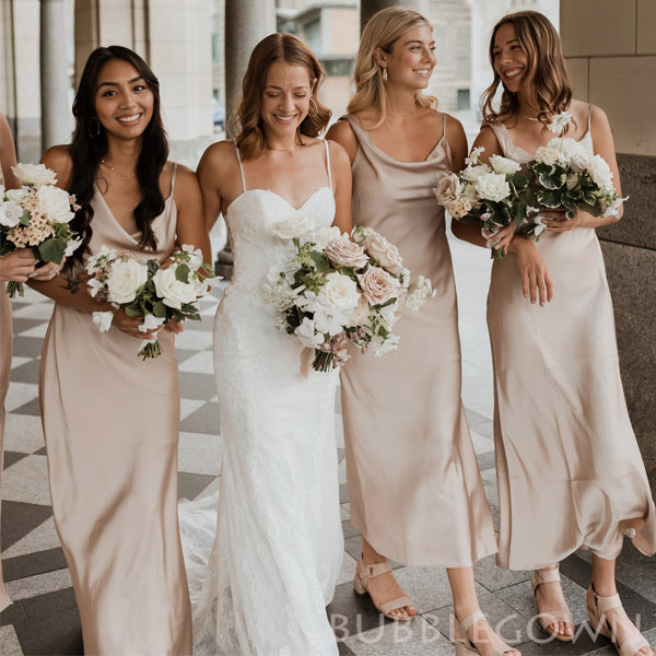 Simple Champagne Satin Spaghetti Straps Cheap Long Custom Bridesmaid Dresses , BGB0072