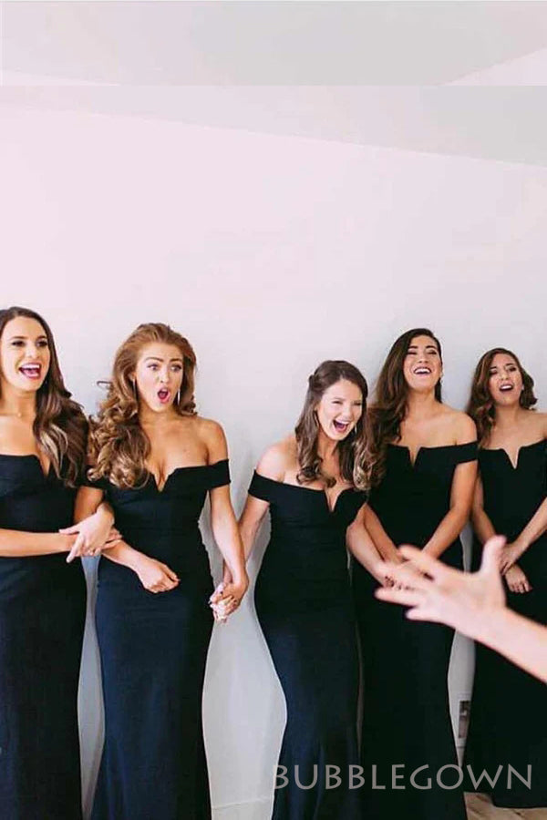 Dark Navy Blue Mermaid Off Shoulder Long Custom Bridesmaid Dresses , BGB0074