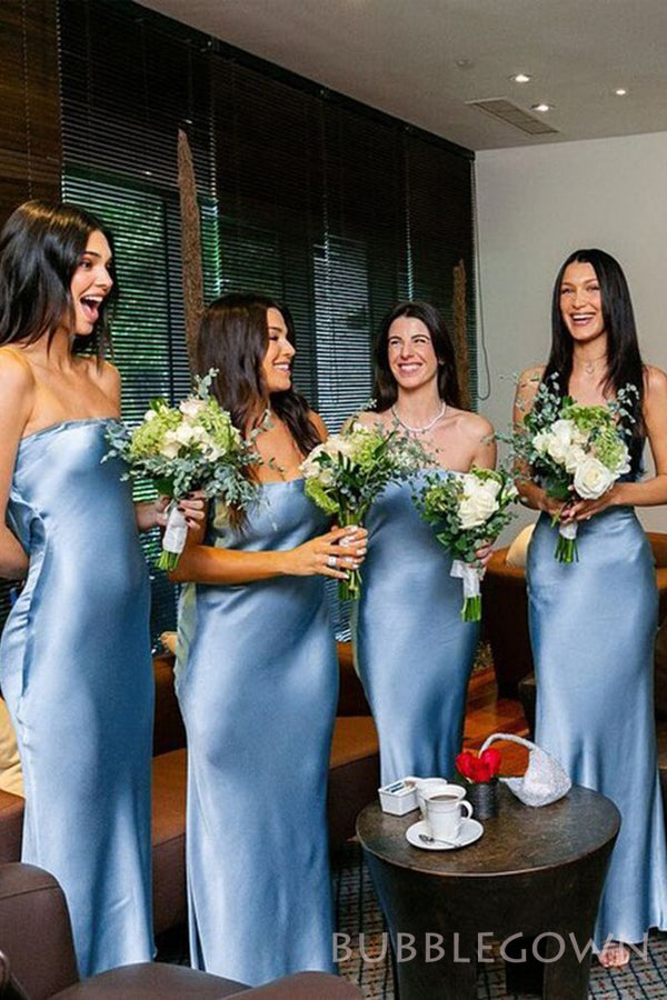 Sexy Strapless Blue Satin Mermaid Long Custom Side Slit Bridesmaid Dresses, BGB0076