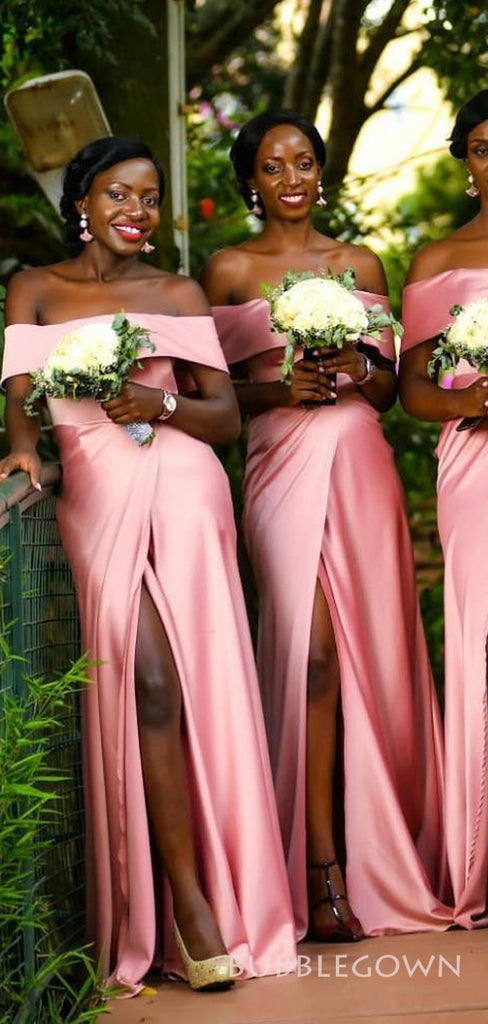 Pink Satin Mermaid Off Shoulder Long Custom Side Slit Bridesmaid Dresses, BGB0079