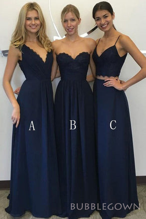 Mismatched Navy Blue Long Custom A-line Bridesmaid Dresses, BGB0081