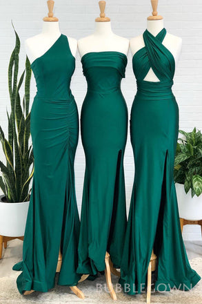 Mismatched Dark Green Satin Mermaid Long Custom Side Slit Bridesmaid Dresses, BGB0089
