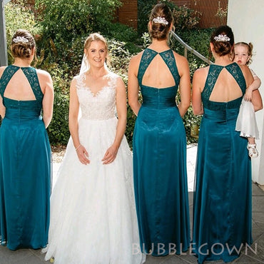A-line Dusty Blue Long Custom Lace Bridesmaid Dresses, BGB0091