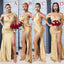 Mismatched Gold Satin Mermaid Side Slit Long Custom Bridesmaid Dresses, BGB0095