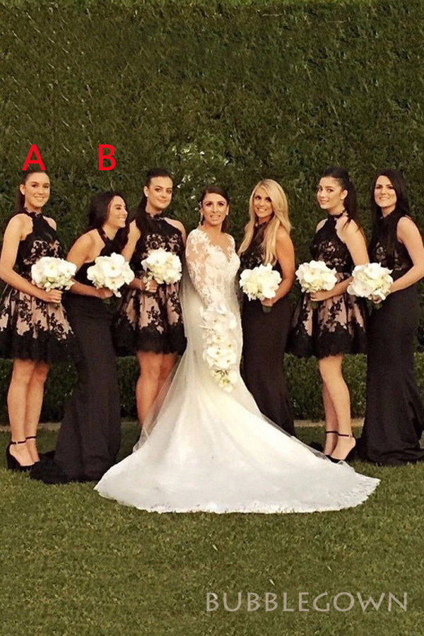 Mismatched Black Tulle Appliques Cheap Long Custom Halter Bridesmaid Dresses, BGB0097