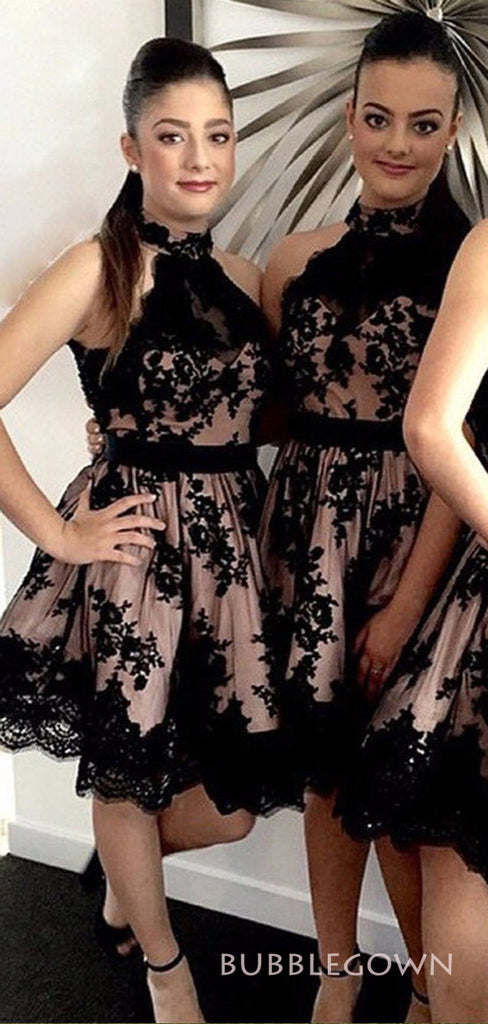 Mismatched Black Tulle Appliques Cheap Long Custom Halter Bridesmaid Dresses, BGB0097