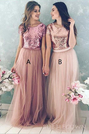 Morden A-line Tulle Sequins Cheap Long Custom Short sleeves Bridesmaid Dresses, BGB0098