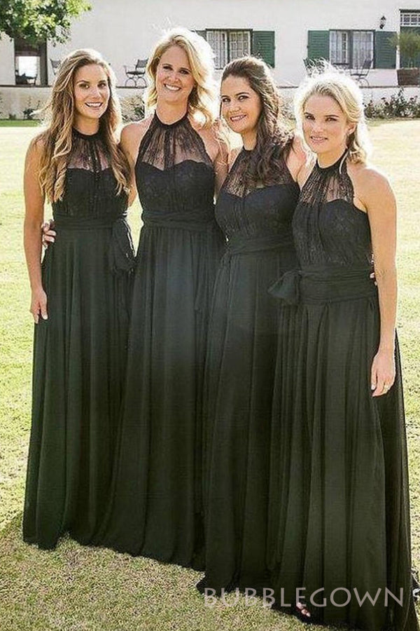 Black Lace Chiffon A-line Halter Cheap Long Custom Bridesmaid Dresses, BGB0101