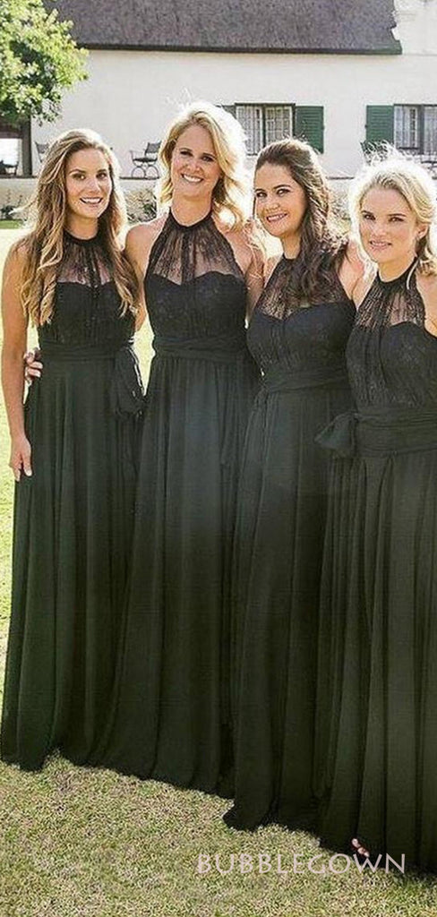 Black Lace Chiffon A-line Halter Cheap Long Custom Bridesmaid Dresses, BGB0101