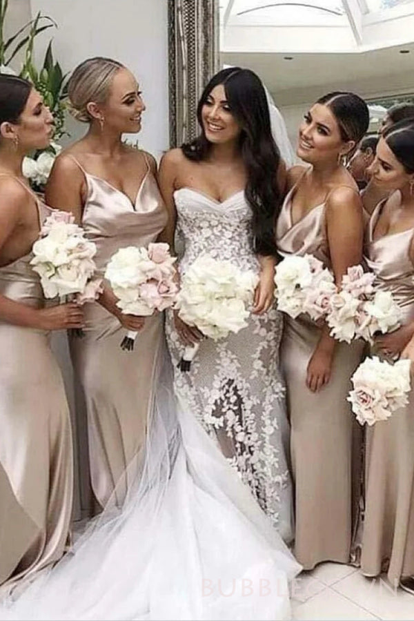 Sexy Mermaid Spaghetti Straps Satin Cheap Long Custom Bridesmaid Dresses, BGB0103