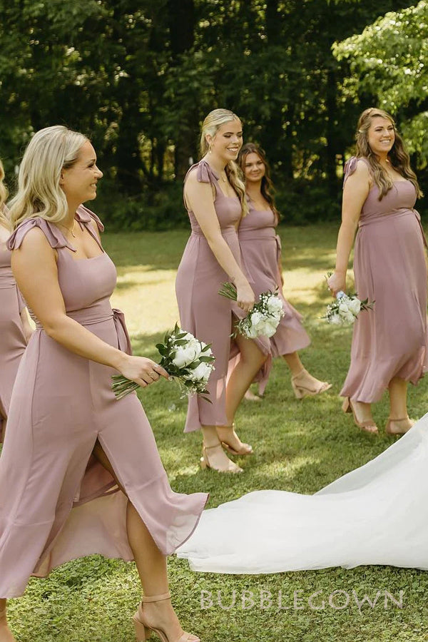 Sexy Dusty Rose Straps Long Custom Side Slit Bridesmaid Dresses, BGB0112