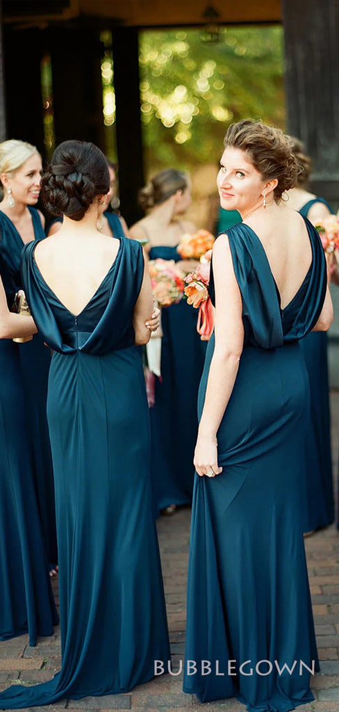 Elegant Navy Blue V-neck Long Custom Mermaid Bridesmaid Dresses, BGB0115