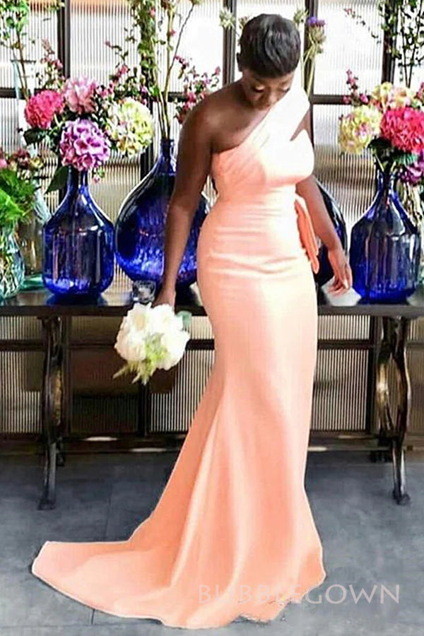 One Shoulder Peach Satin Mermaid Long Custom Bridesmaid Dresses, BGB0119