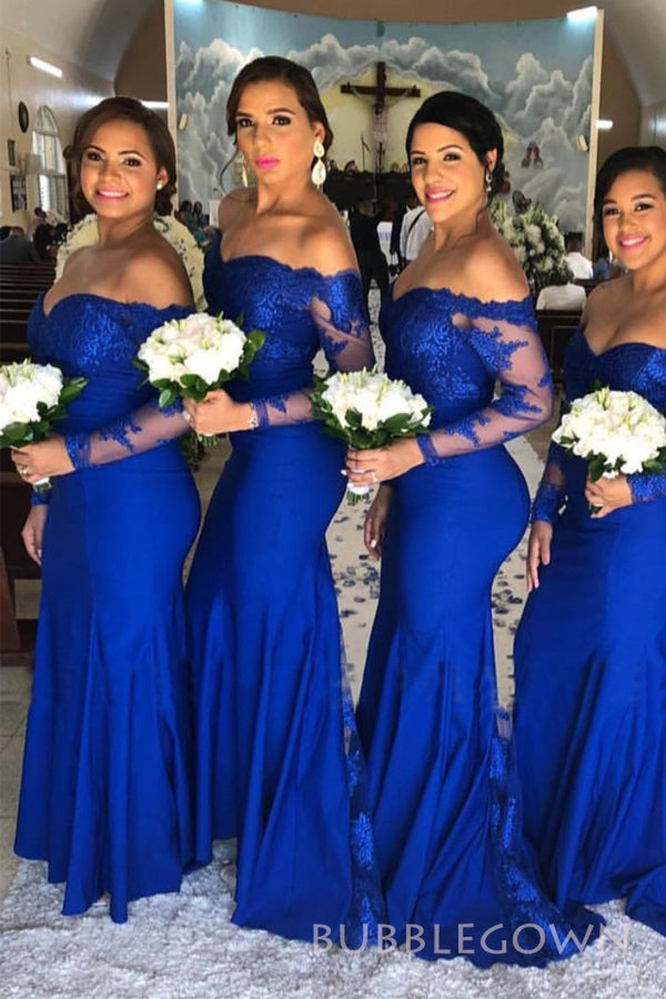 Royal Blue Appliques Mermaid Long Custom Long Sleeves Bridesmaid Dresses, BGB0120