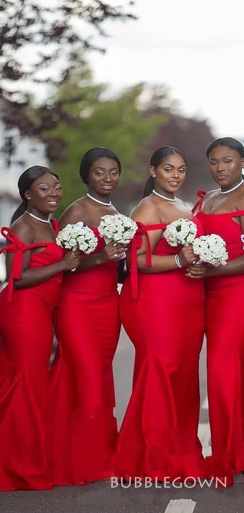 Red Satin Mermaid Straps Long Custom Bridesmaid Dresses, BGB0121