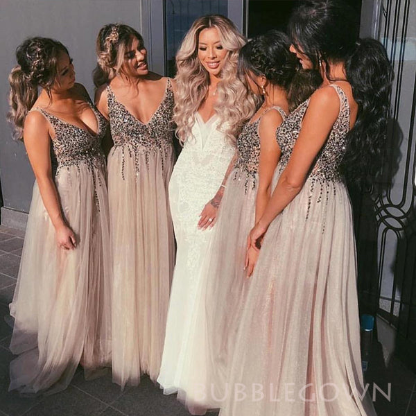 A-line Tulle Beaded Sparkly V-neck Long Custom V-beck Bridesmaid Dresses, BGB0129