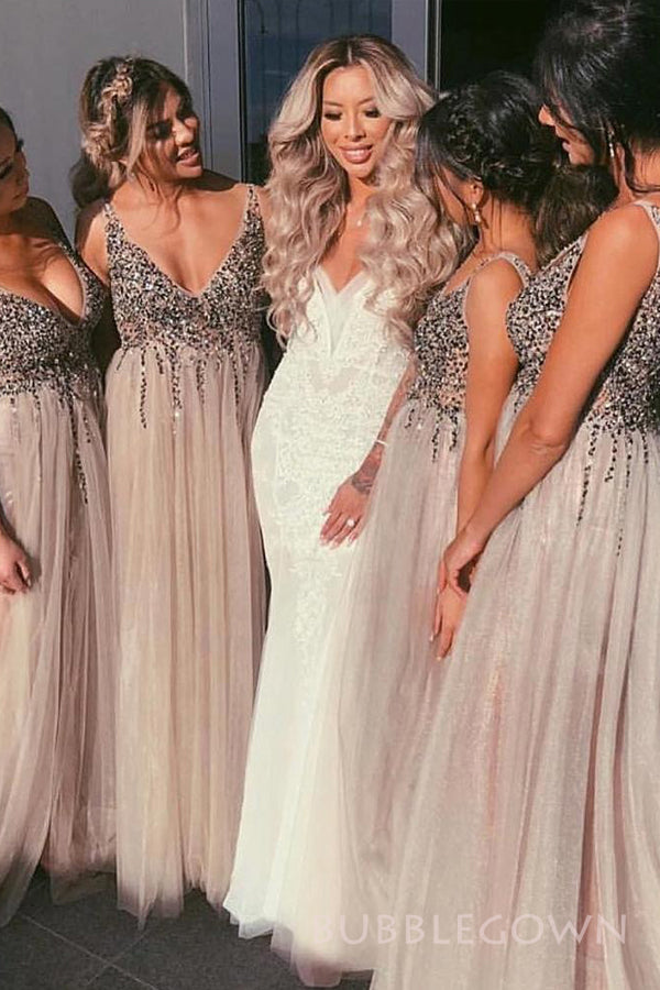 A-line Tulle Beaded Sparkly V-neck Long Custom V-beck Bridesmaid Dresses, BGB0129