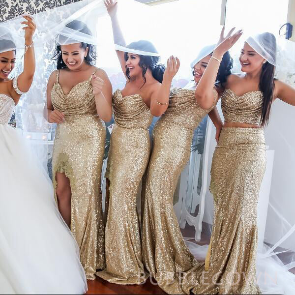 Mismatched Gold Sequins Mermaid Long Custom Bridesmaid Dresses, BGB0131