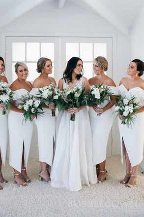 Pretty Off Shoulder Mermaid White Long Custom Side Slit Bridesmaid Dresses, BGB0135